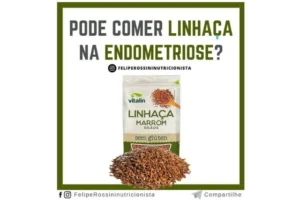 escrito pode comer linhaça na endometriose, fundo branco com pacote de linhaça