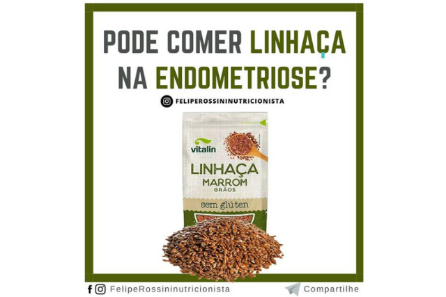 escrito pode comer linhaça na endometriose, fundo branco com pacote de linhaça
