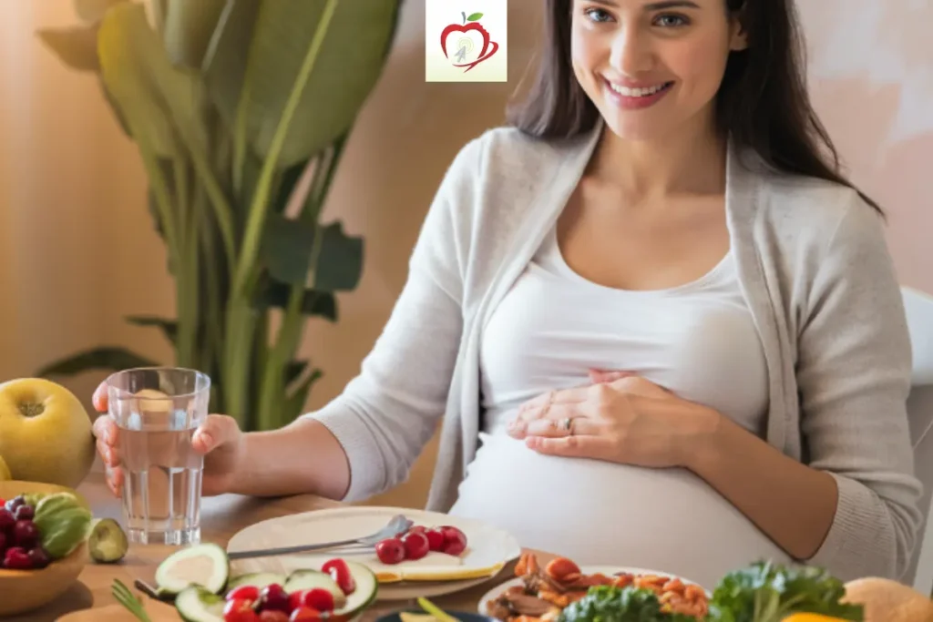 mulher gestante com blusa branca, mão em cima da barriga, sorrindo com uma mesa variada de alimentos saudáveis