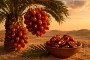 Capa 3D realista: tamareira com cachos de tâmaras maduros, tigela e folha de palma, deserto ao pôr do sol — que é tâmara