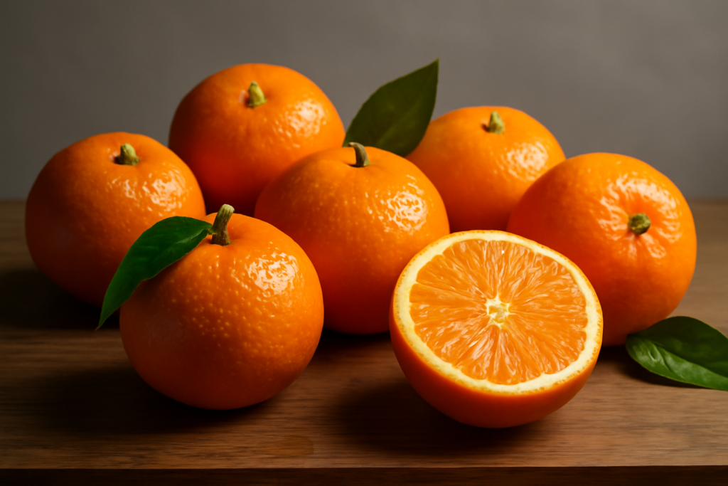 Bancada de madeira com tangerinas inteiras e meia laranja; gotas nas cascas, iluminação lateral suave — que é tangerina