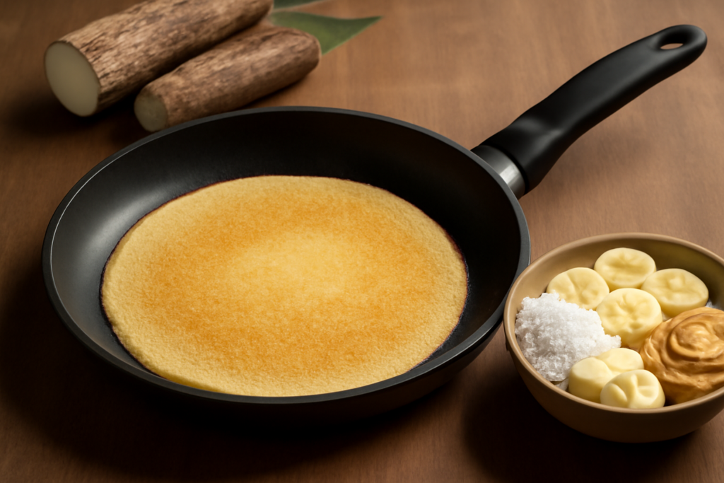 Frigideira antiaderente com tapioca dourando, acompanhada de recheios (banana fatiada, coco ralado, manteiga suave, pasta de amendoim) e mandioca fresca ao fundo; que é tapioca