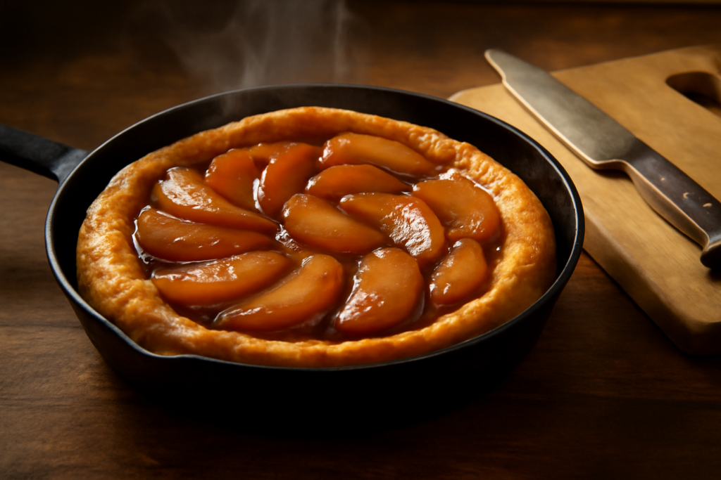 que é tarte tatin – tarte tatin recém-assada com crosta dourada e maçãs caramelizadas