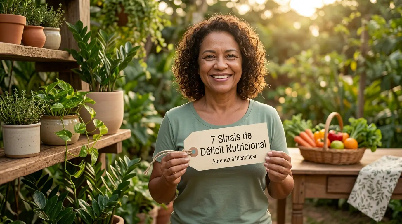 Uma fotografia em estilo de vida, calorosa e informativa, mostrando uma mulher sorridente de meia-idade, com cabelos cacheados e camiseta verde, segurando uma placa em formato de etiqueta com o texto: "7 Sinais de Déficit Nutricional - Aprenda a Identificar". Ao fundo, à esquerda, há uma estante de madeira repleta de plantas em vasos de cerâmica e terracota. À direita, sobre uma mesa de madeira ao ar livre, há uma cesta transbordando de frutas e vegetais frescos e coloridos (como cenouras, pimentões e laranjas). A iluminação é de um fim de tarde com sol suave, transmitindo saúde, bem-estar e conexão com a nutrição natural.
