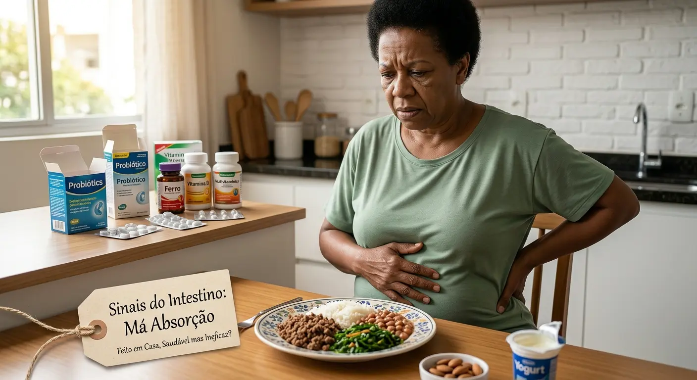 Uma fotografia de tom realista e informativo mostrando uma mulher de meia-idade sentada à mesa da cozinha, demonstrando desconforto abdominal ao segurar a barriga e as costas após uma refeição. Sobre a mesa, há um prato equilibrado com arroz, feijão, carne e legumes, além de um pote de iogurte e amêndoas. Ao lado, na bancada da cozinha, estão dispostos diversos frascos e caixas de suplementos nutricionais (como Probióticos, Ferro e Vitamina D). Em primeiro plano, uma etiqueta de papel pardo presa com um cordão traz o texto impresso: "Sinais do Intestino: Má Absorção - Feito em Casa, Saudável mas Ineficaz?". A iluminação é suave e natural, vinda de uma janela próxima, transmitindo a ideia de preocupação com a saúde digestiva e a absorção de nutrientes.